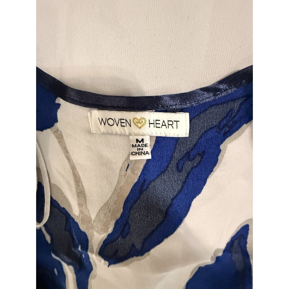 Woven Heart M White Blue Gold Abstract V-Neck 3/4 Bell Sleeve Knee Dress - Picture 4 of 5